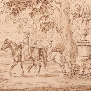 Passeio a cavalo, desenho a tinta-da-china sobre papel. Admitimos que estejam representados: um professor e o príncipe herdeiro D. Pedro, nesta data com 8 anos, na Real Quinta de Belém. O grande vaso reproduz um modelo ainda hoje existente na entrada do Palácio de Belém, que dá para o Pátio das Damas.