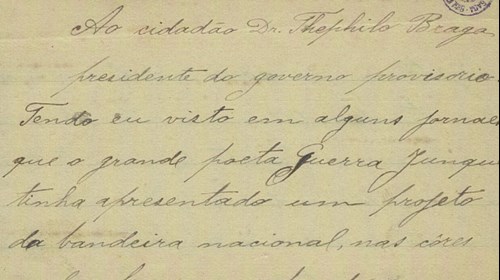 Carta de José Fontes de Melo para Teófilo Braga, com uma proposta para a bandeira nacional.