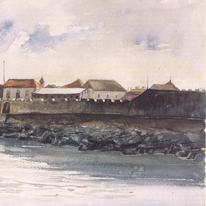 Aguarela do Palácio da Cidadela de Cascais feita pela Rainha D. Maria Pia, provavelmente a partir da Praia da Rainha. À esquerda, as três janelas da sala de jantar, seguidas do enorme toldo que cobria a bateria, montado durante a temporada da família real.