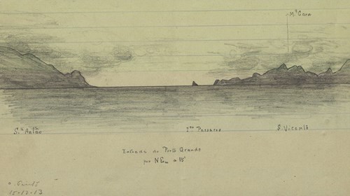 Desenho a carvão do arquipélago de Cabo Verde, visto da entrada do Porto Grande, elaborado por João do Canto e Castro, para apoio à navegação costeira.