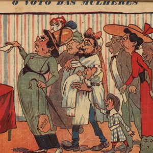 Caricatura publicada no jornal humorístico «O Zé», em 1912, alusiva ao voto das mulheres.