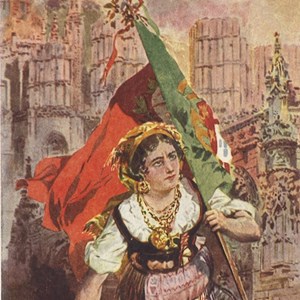 Bilhete postal com minhota empunhando o Estandarte Nacional e uma espada, a partir de uma aguarela de Roque Gameiro.