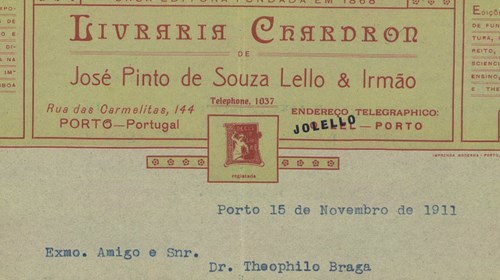Carta dos irmãos Lello, da Livraria Chardron, para Teófilo Braga, manifestando disponibilidade para imprimir obras suas e refletindo sobre o estado da República, implantada um ano antes.