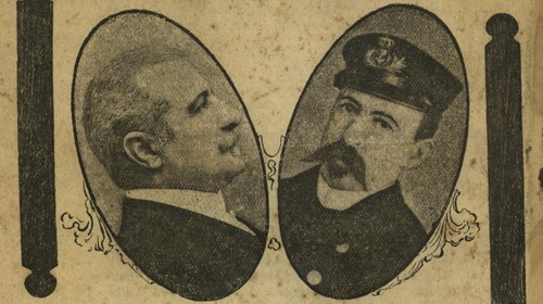 Última página da publicação «Vultos Republicanos», com referência aos «mártires» da revolução republicana portuguesa, Cândido dos Reis e Miguel Bombarda.