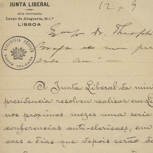 Carta de Miguel Bombarda para Teófilo Braga convidando, em nome da Junta Liberal – organização de propaganda pro-laicidade fundada por Miguel Bombarda, Egas Moniz e Cândido dos Reis –, a participar numa série de conferências anti-clericais. (01/04)