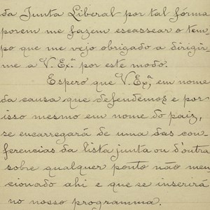 Carta de Miguel Bombarda para Teófilo Braga convidando, em nome da Junta Liberal – organização de propaganda pro-laicidade fundada por Miguel Bombarda, Egas Moniz e Cândido dos Reis –, a participar numa série de conferências anti-clericais. (03/04)