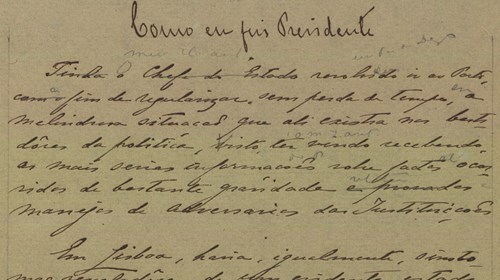 Excerto do manuscrito «Apontamentos para a História do meu País», de João do Canto e Castro, páginas onde discorre sobre a sua eleição para a Presidência da República.