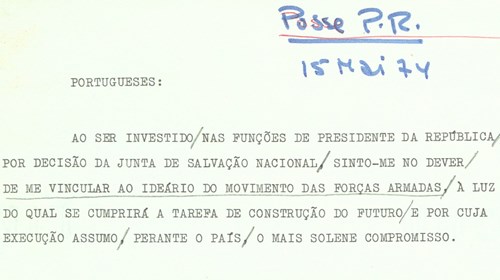 Discurso de tomada de posse de António de Spínola como Presidente da República portuguesa, cargo que assumiu na sequência da decisão da Junta de Salvação Nacional (1/9).