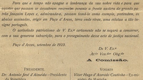 Circular da comissão promotora da estátua ao Patrão Joaquim Lopes presidida por António José de Almeida, Presidente da República.