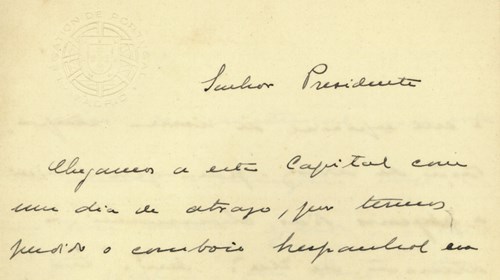 Carta enviada por Egas Moniz ao Presidente Sidónio Pais, relatando a sua chegada à legação de Portugal em Madrid (primeira página).