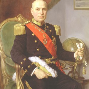 Retrato oficial do Presidente Américo Tomás, envergando a banda de grã-cruz da Ordem de Cristo e respetiva placa ao peito.