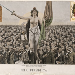 Gravura da autoria de Roque Gameiro com os principais intervenientes do movimento republicano. Ana de Castro Osório, única mulher representada, surge na segunda fila, junto da figura da República.